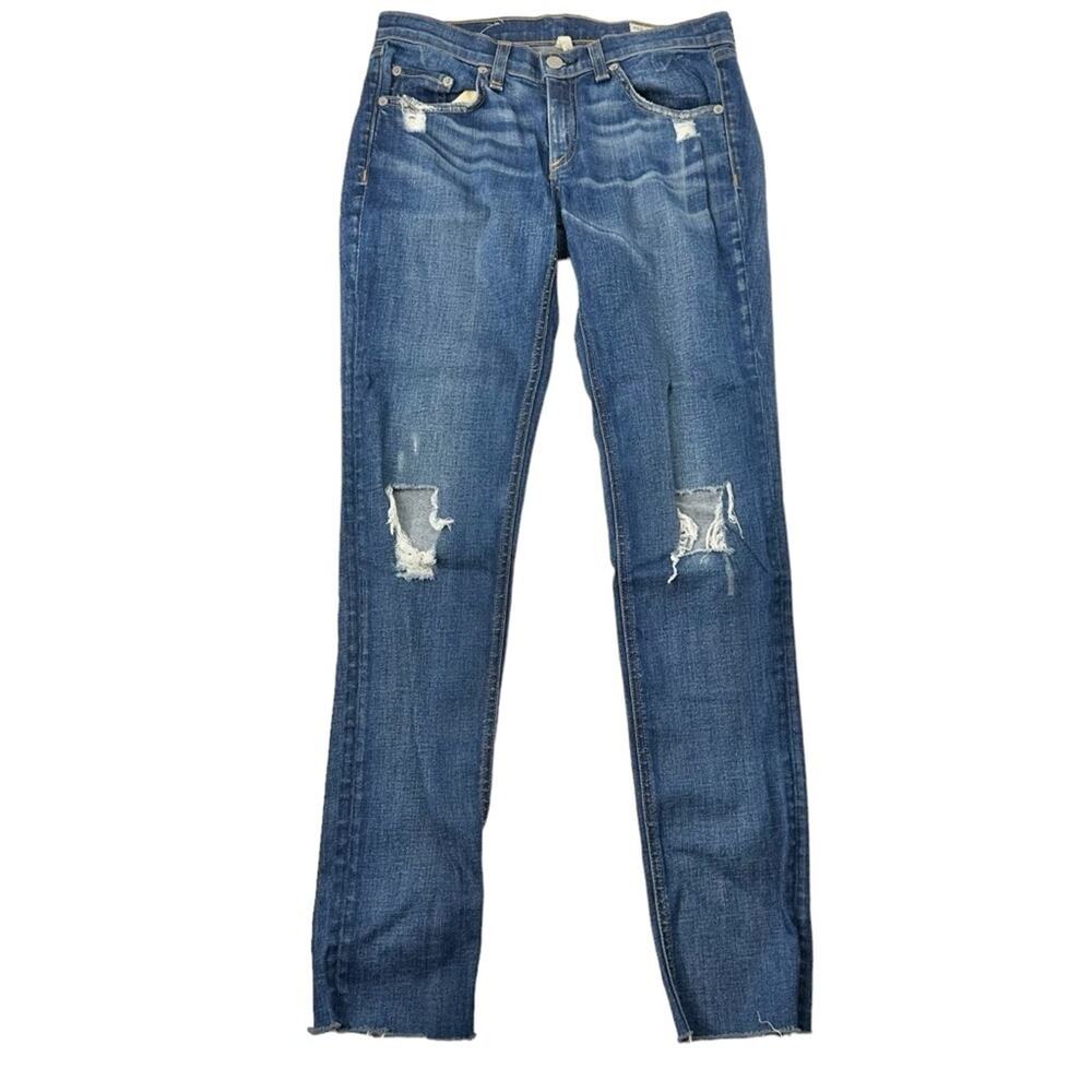 Rag and bone skinny jeans mid rise distressed ripped busted knee women’s 26